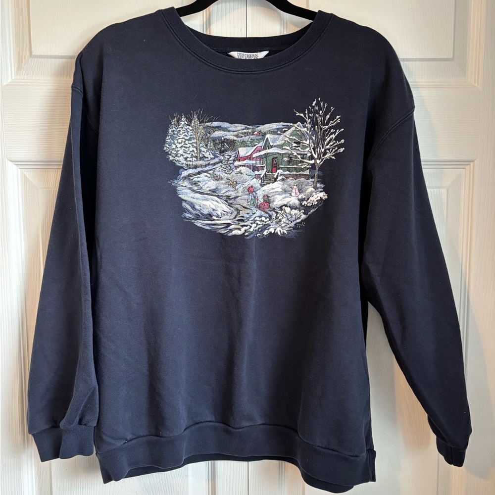Northern Reflections Navy Winter Scene Crewneck Sweater - Size M